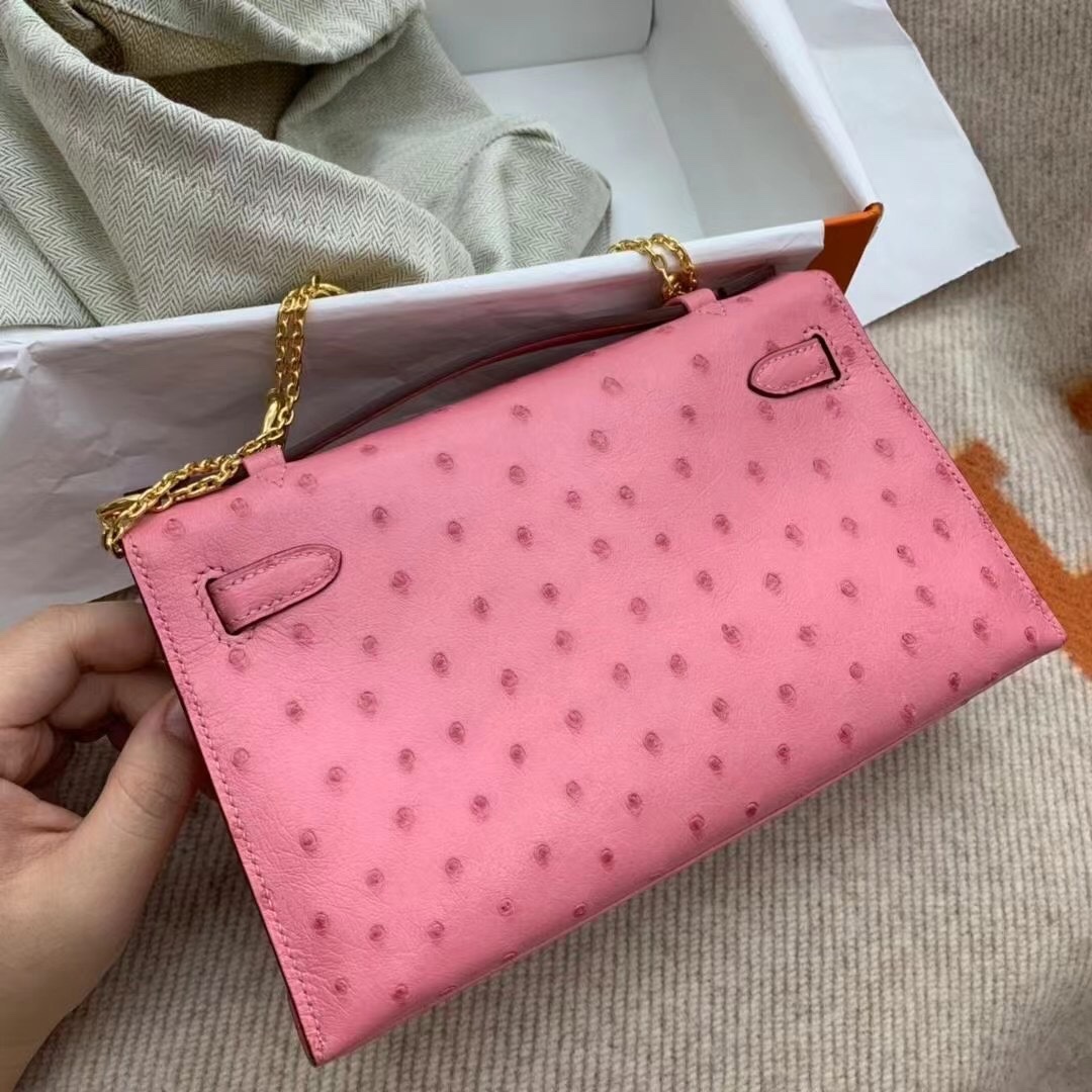 에르메스 미니 켈리백22 사쿠라 핑크 금장 타조가죽